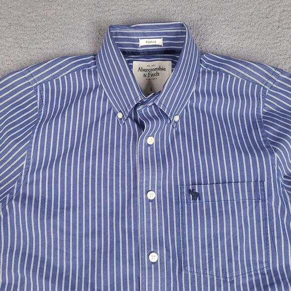 Abercrombie & Fitch Shirt Mens Large‎ Blue Striped Button Down Moose Logo - Picture 2 of 13